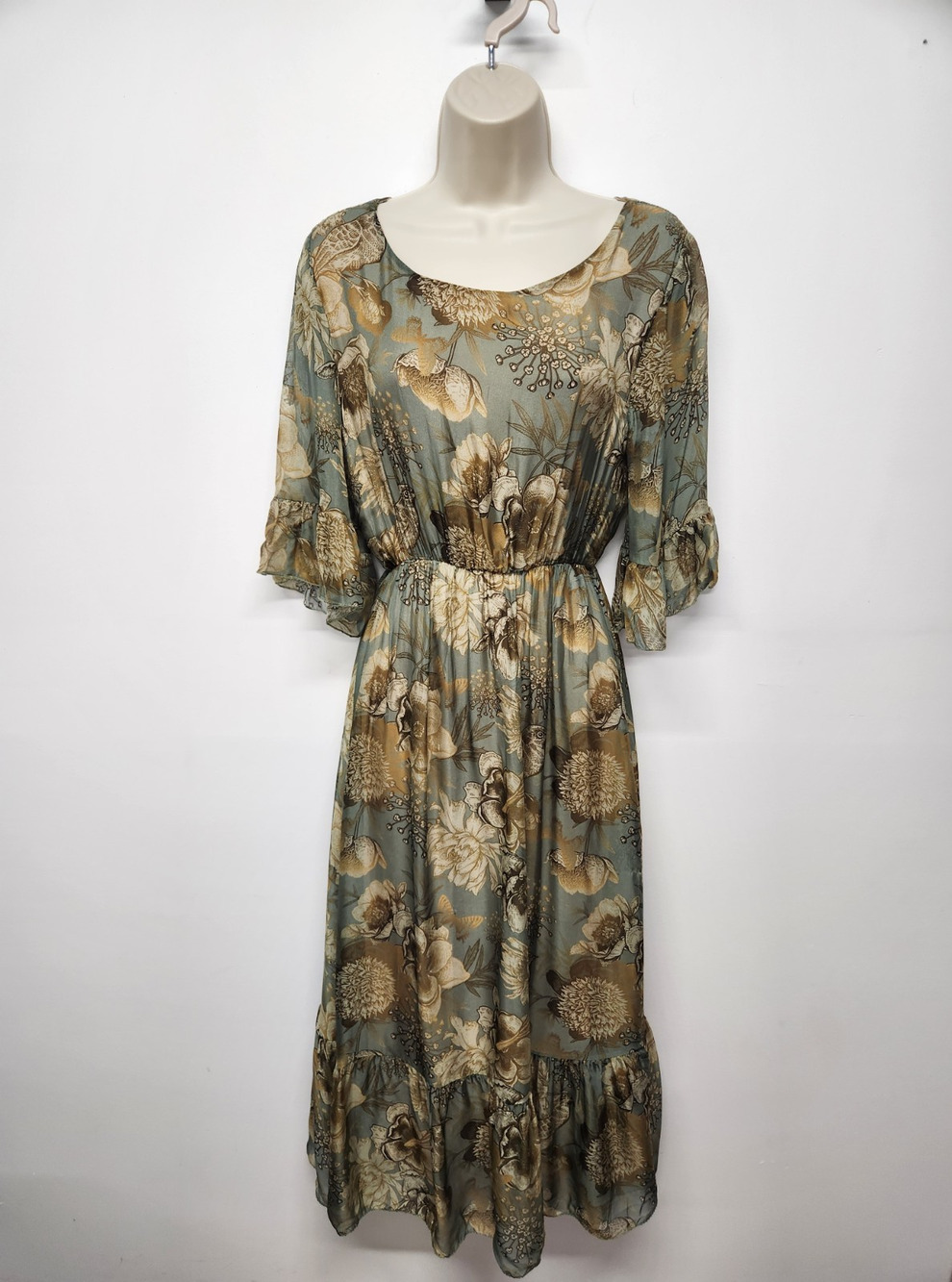 Le Ragazze Women's Sage Botanical Print Viscose/Silk Blend Midi Dress, Size Sm